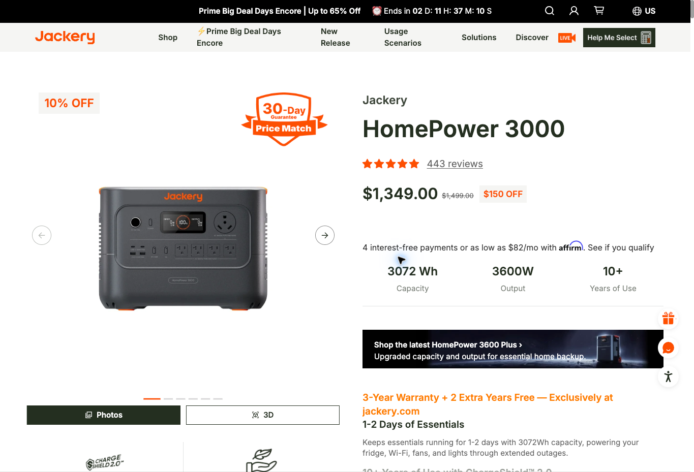 Jackery HomePower 3000 official US page showing the battery-only base offer