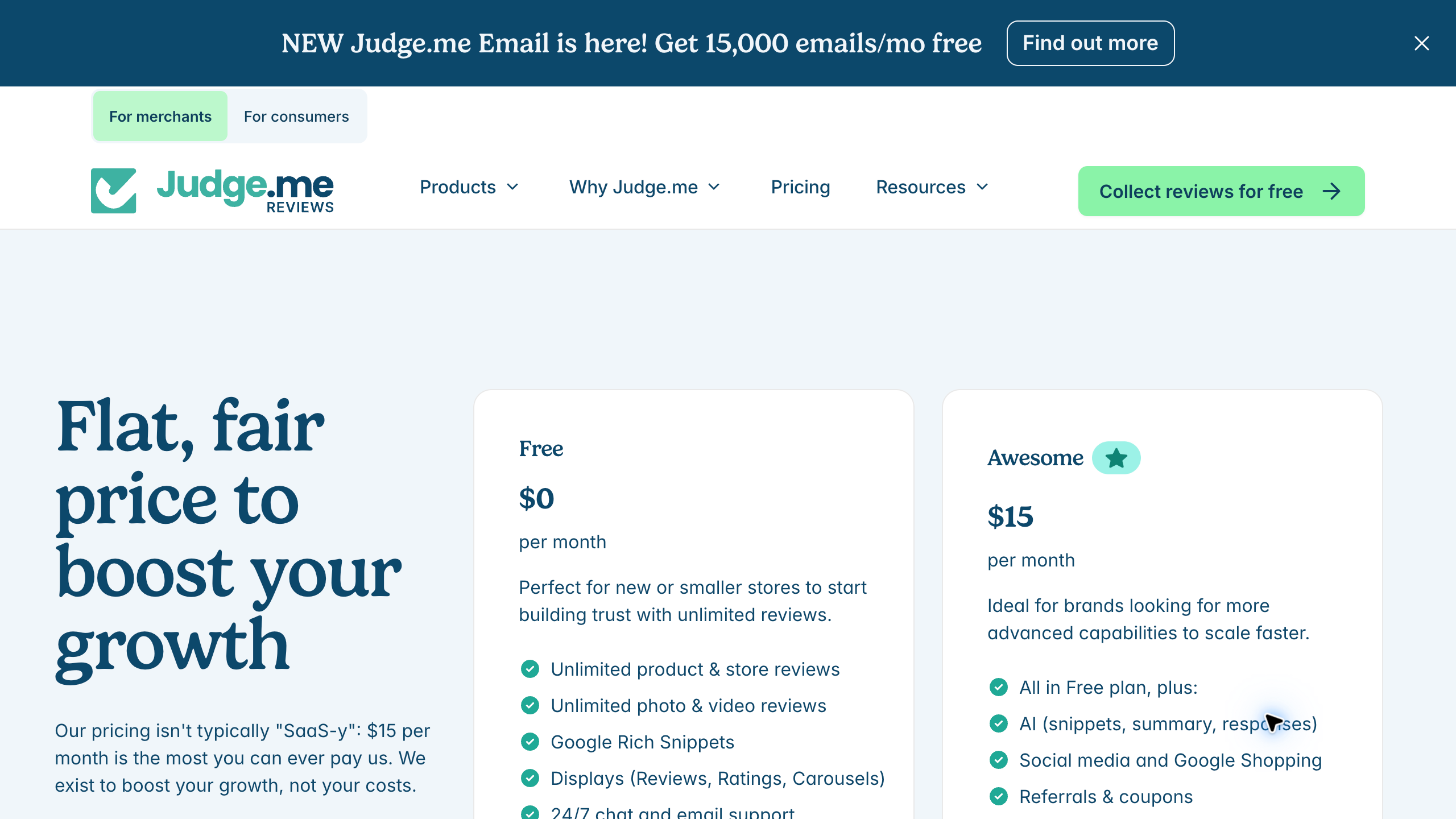 Judge.me official Product Reviews pricing page showing the free plan and paid Awesome plan