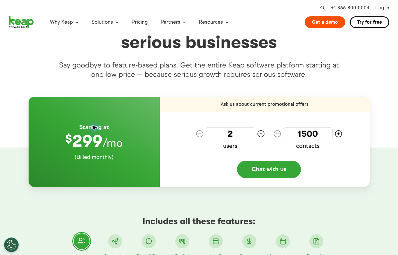 Keap public CRM pricing showing $299 billed monthly for two users and 1,500 contacts