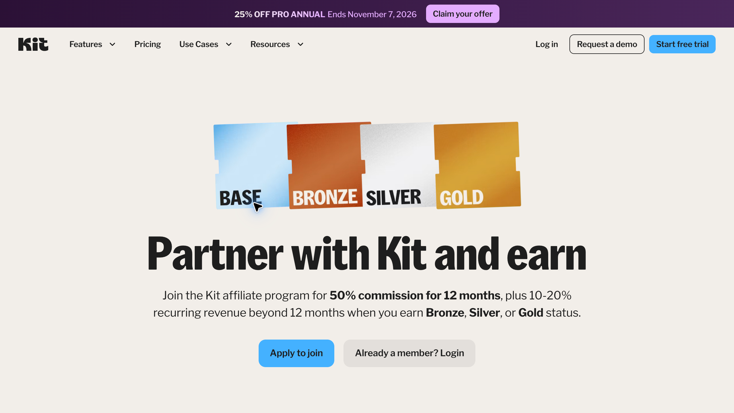 Kit affiliate program showing base bronze silver and gold tiers and first-year commission terms