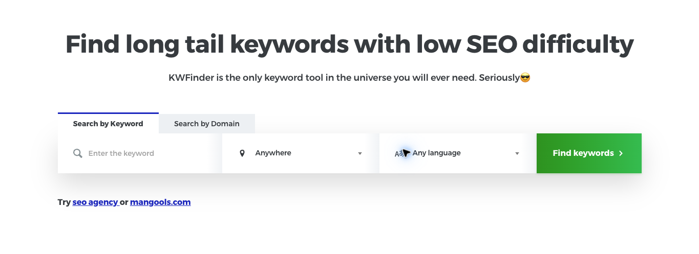 KWFinder public search interface with keyword, location and language fields