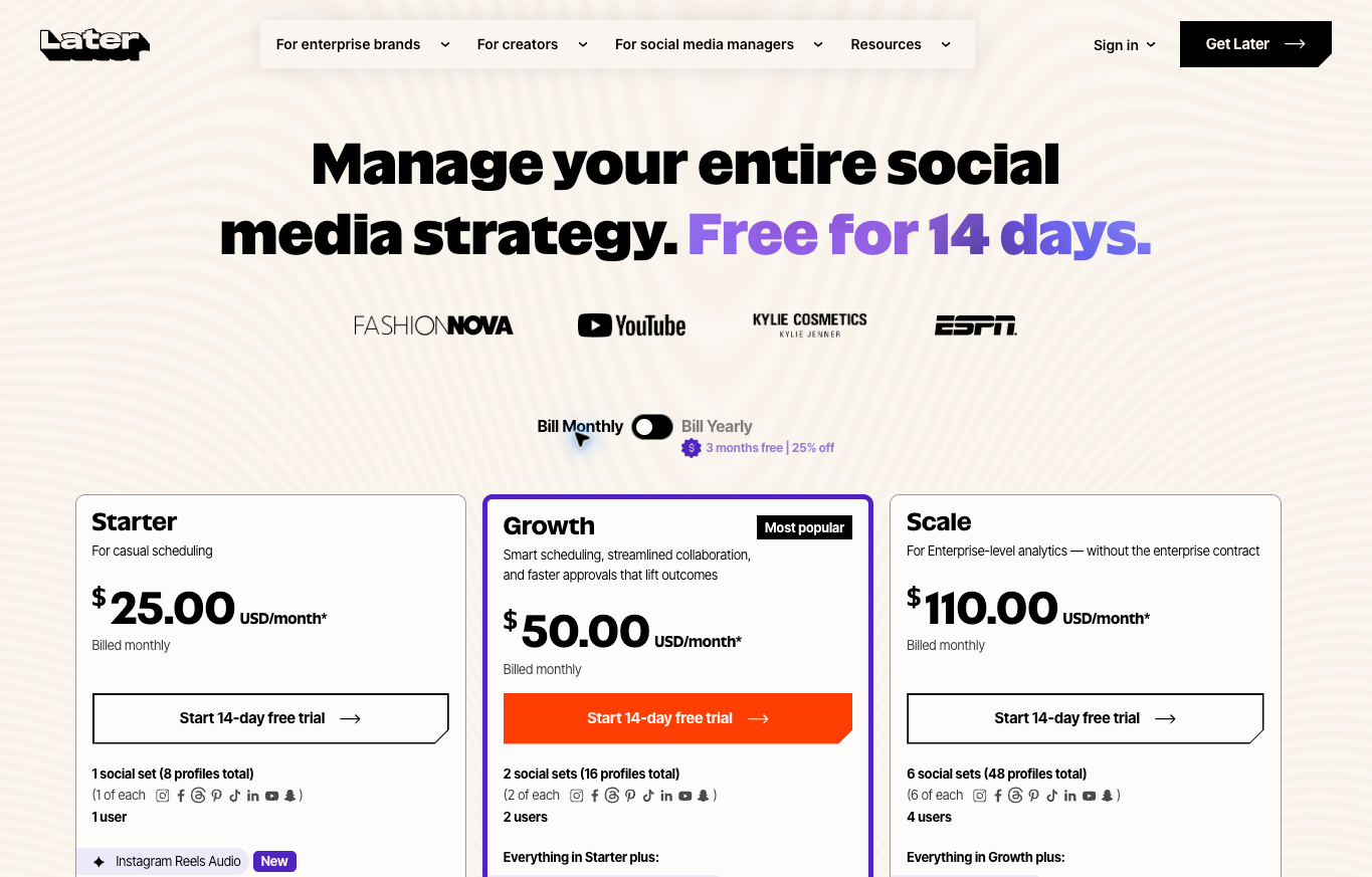 Later Social Starter, Growth and Scale monthly USD prices