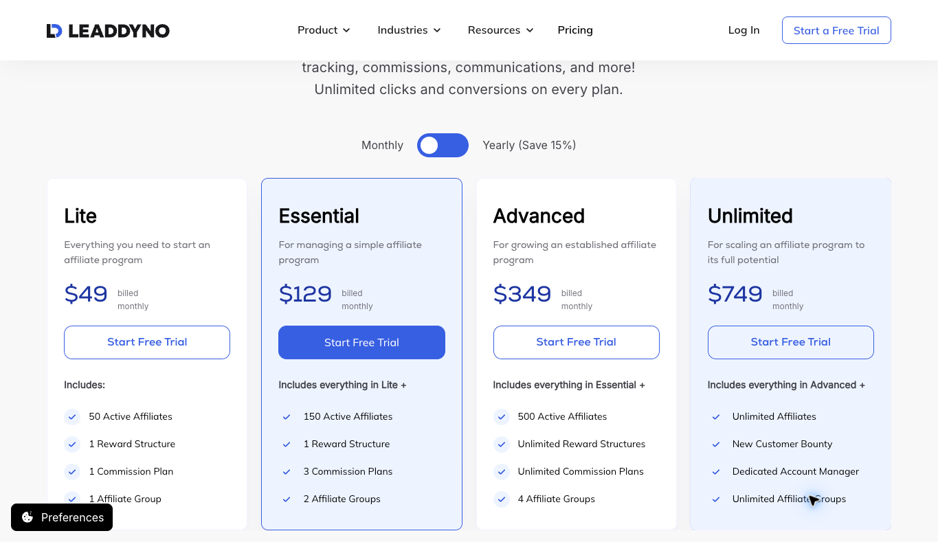 LeadDyno monthly Lite, Essential, Advanced and Unlimited plans with active-affiliate limits