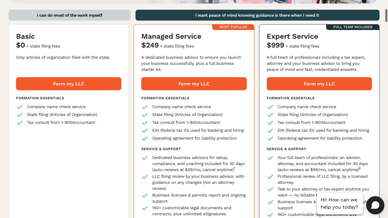 LegalZoom Basic, Managed Service and Expert Service displayed prices plus state fees and renewing support charges