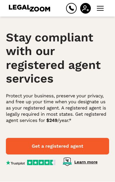 LegalZoom mobile registered-agent page showing a $249 yearly offer with a pricing footnote marker