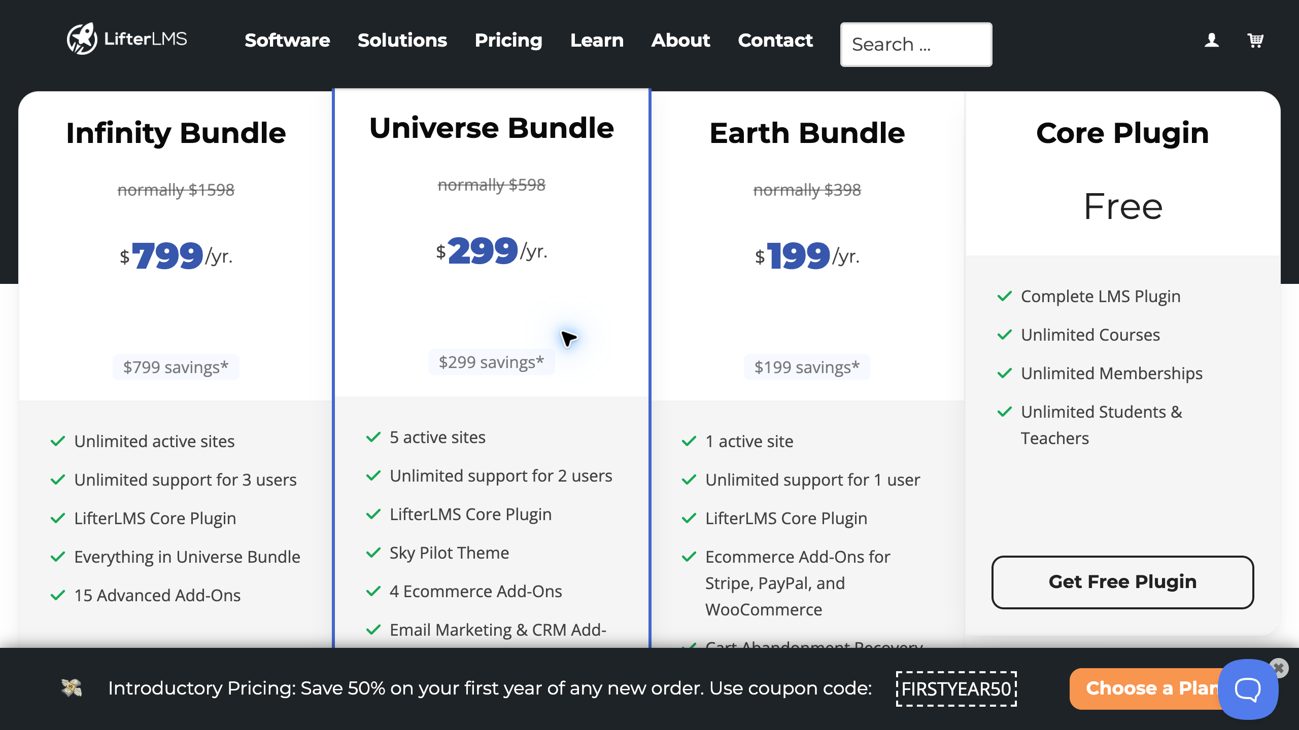 LifterLMS pricing page showing Infinity, Universe and Earth introductory annual bundles beside the free core plugin