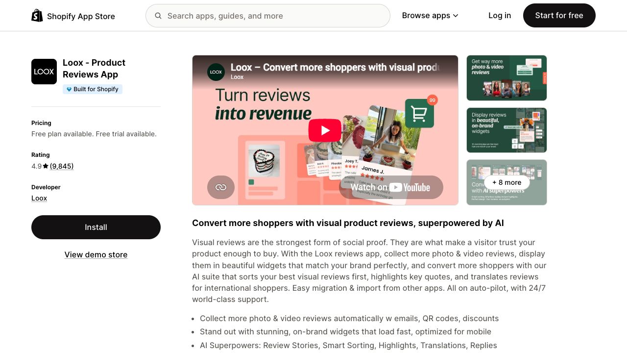 Loox product reviews app listing with provider promotional imagery