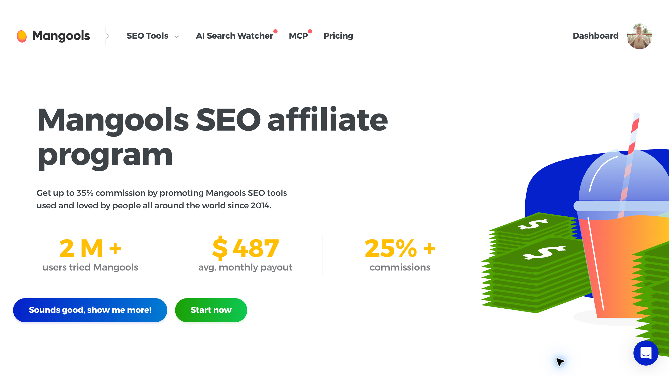 Mangools SEO affiliate program page advertising commission tiers up to 35 percent
