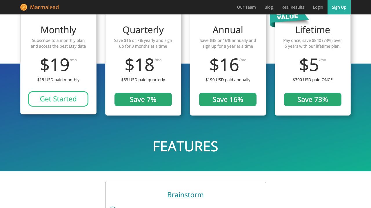 Marmalead pricing cards showing monthly, quarterly, annual and once-only purchase totals