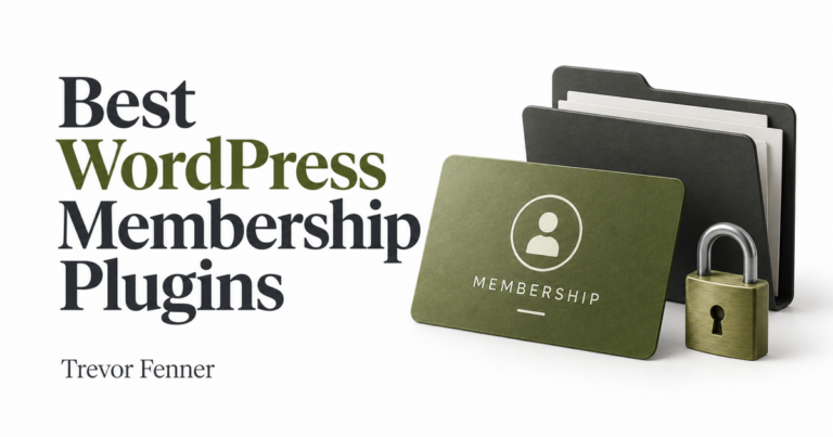 Best WordPress Membership Plugins by Trevor Fenner with an olive membership card and lock on a white background.