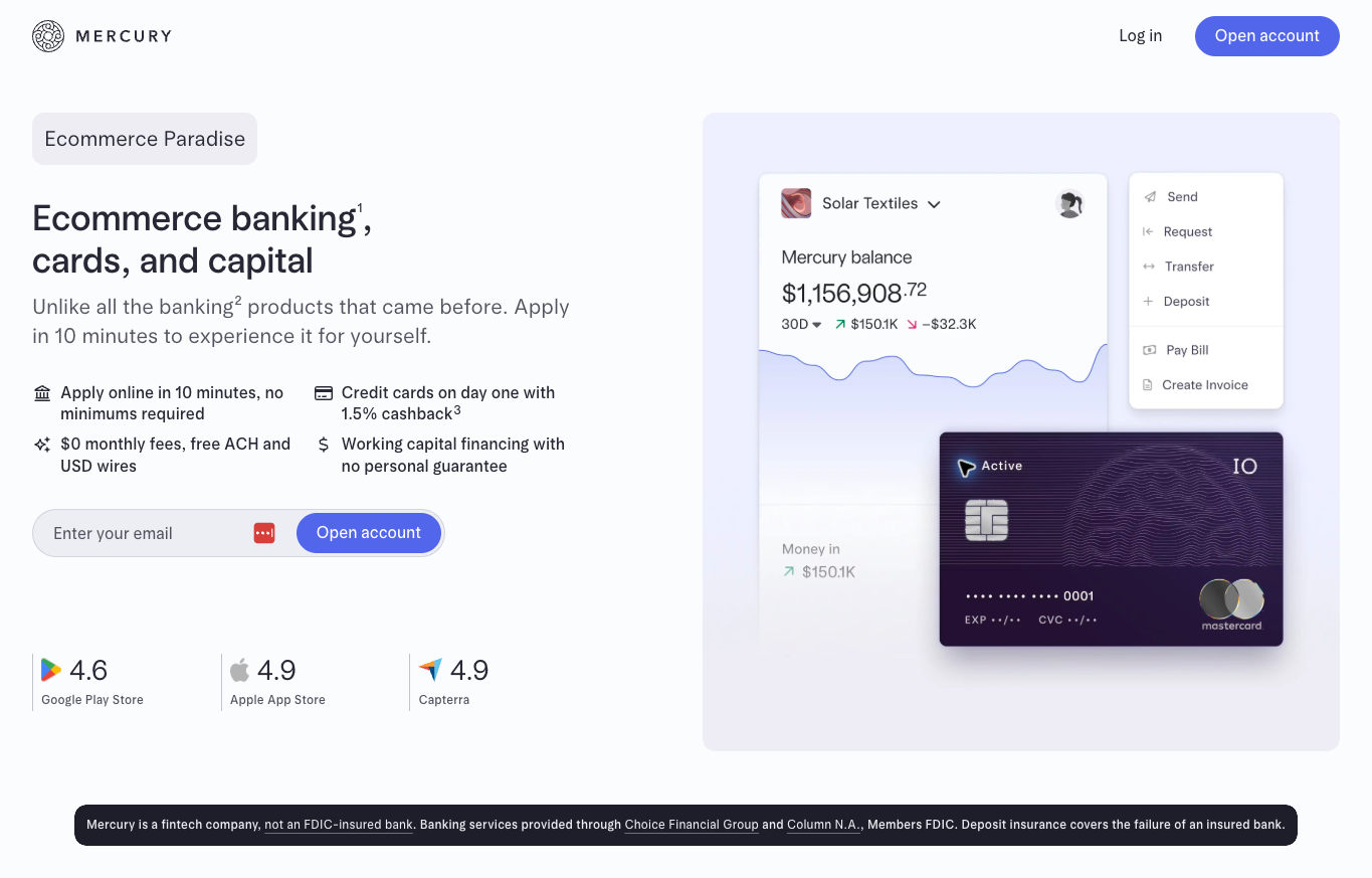 Mercury public Ecommerce Paradise partner page showing ecommerce banking features and a sample dashboard.