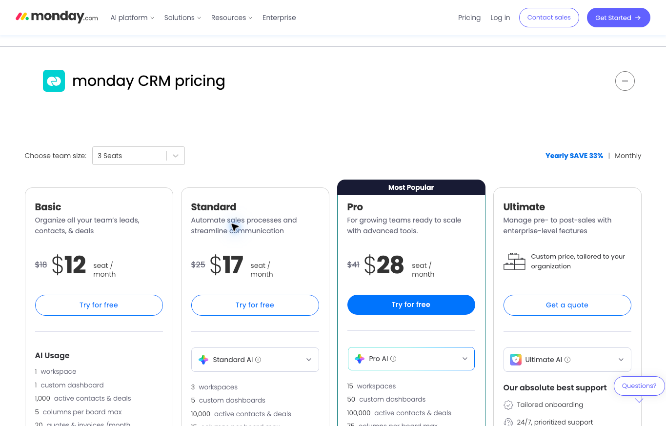 monday CRM Basic, Standard and Pro annual-equivalent prices for a three-seat selection