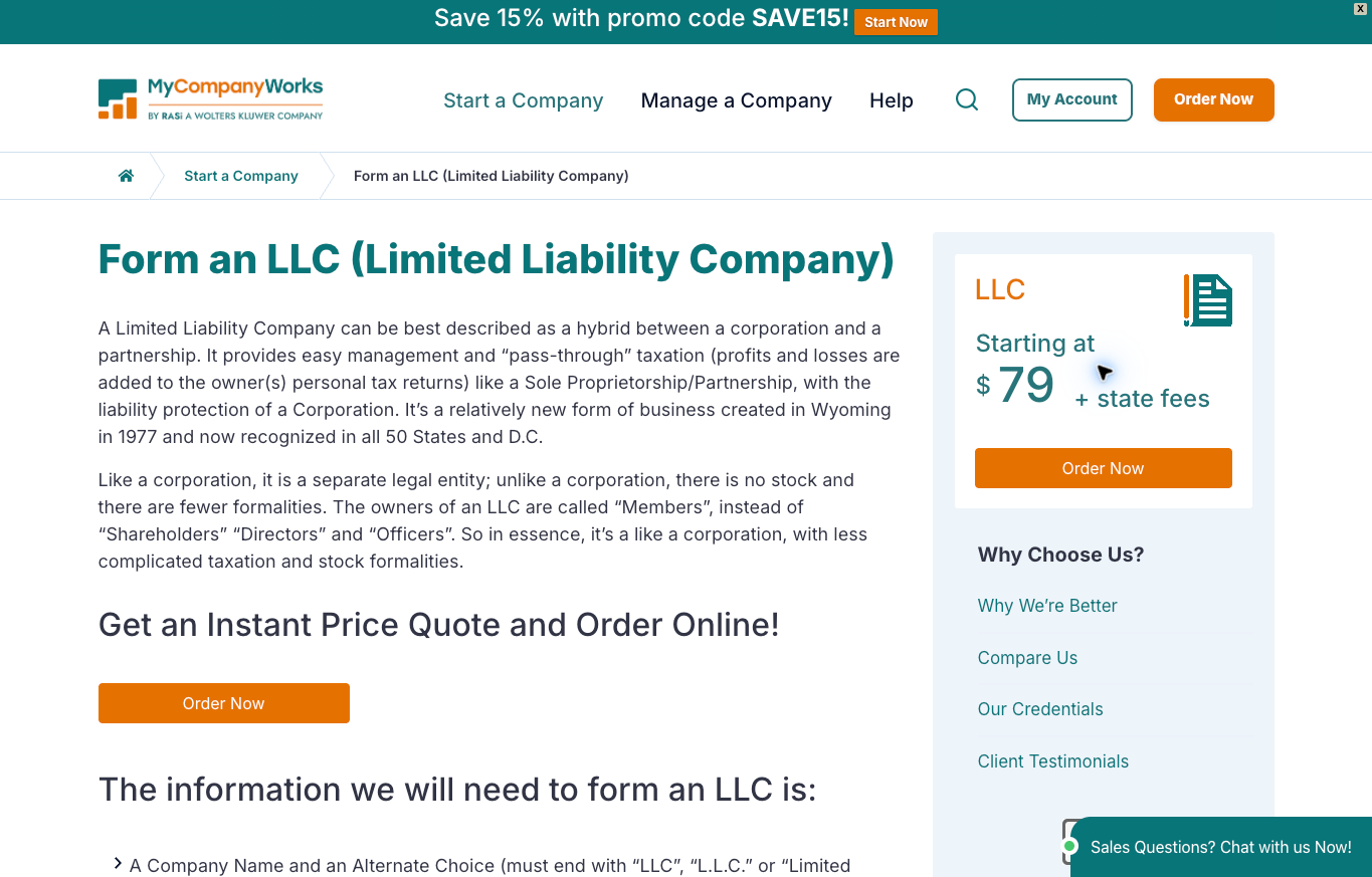 MyCompanyWorks official LLC page showing a $79 starting service price plus state fees