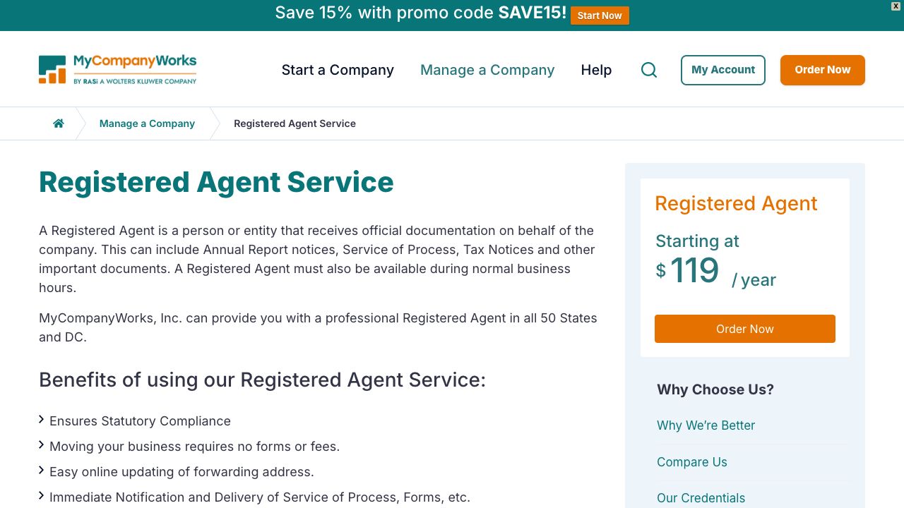 MyCompanyWorks registered-agent service page showing pricing starting at $119 per year