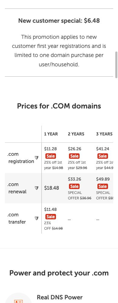 Namecheap public one-year .com table showing $11.28 registration, $18.48 renewal and $11.48 transfer