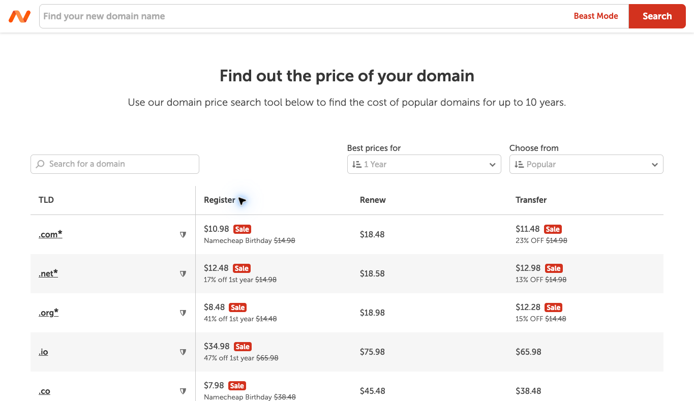 Namecheap public domain table with separate Register, Renew and Transfer price columns