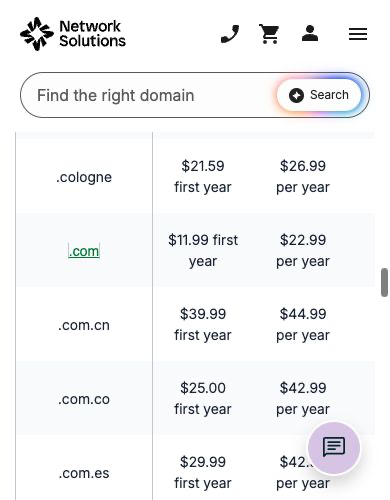 Network Solutions public standard .com row showing $11.99 first year and $22.99 annual renewal