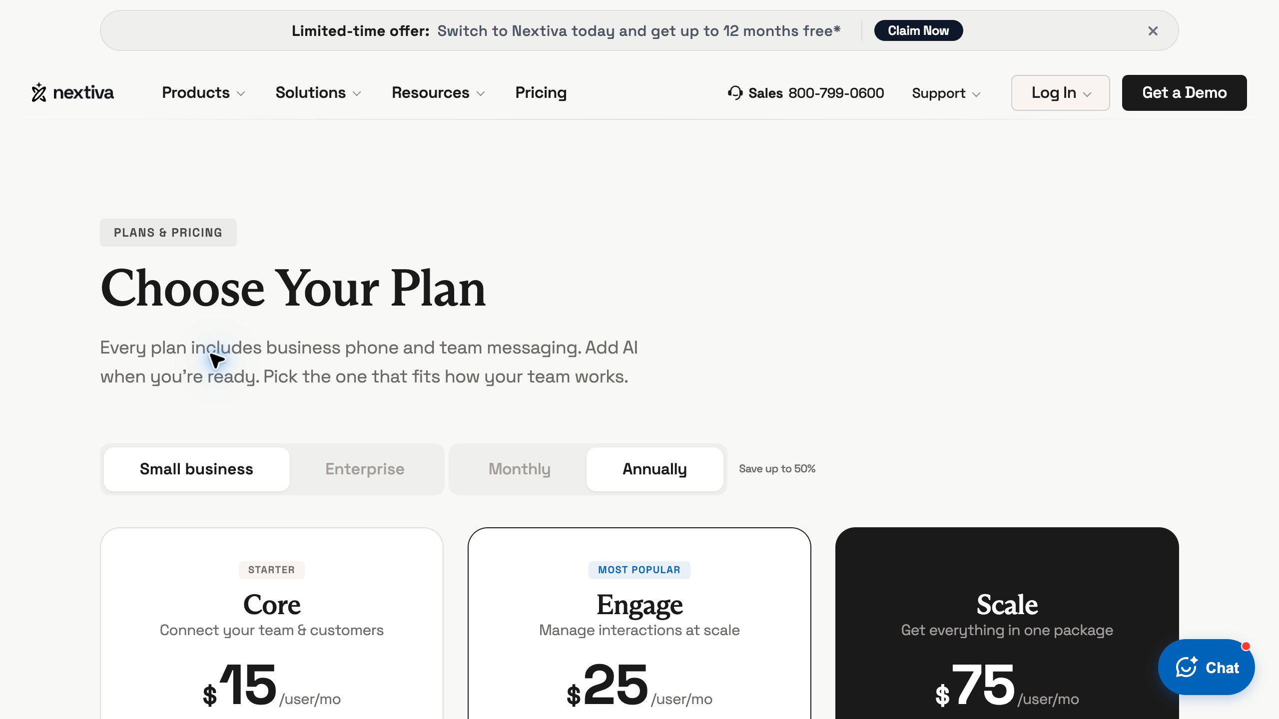 Nextiva small business pricing with annual billing selected and Core Engage and Scale plans