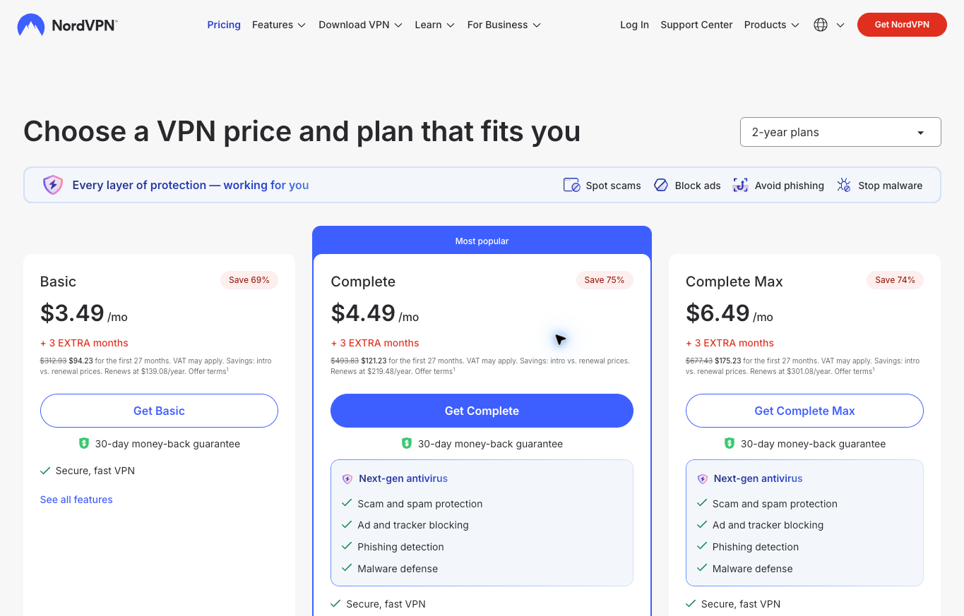 NordVPN Basic, Complete and Complete Max public pricing with introductory and annual renewal amounts.
