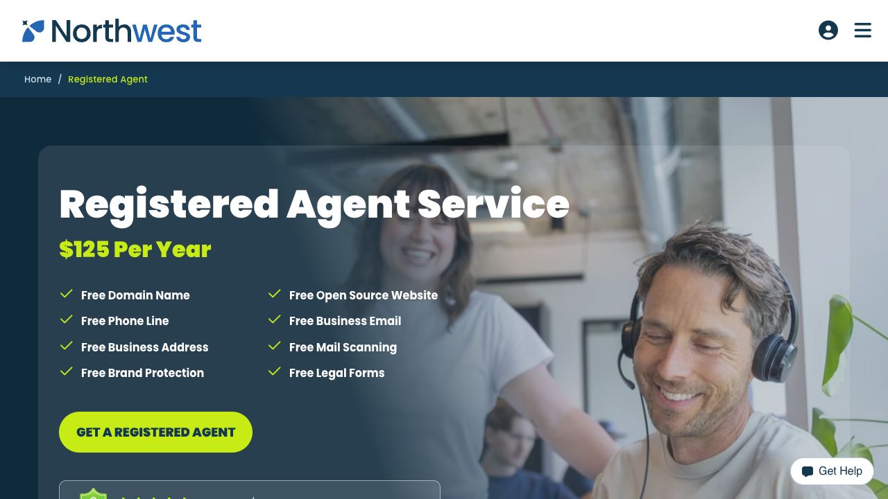 Northwest registered-agent service offer showing $125 per year