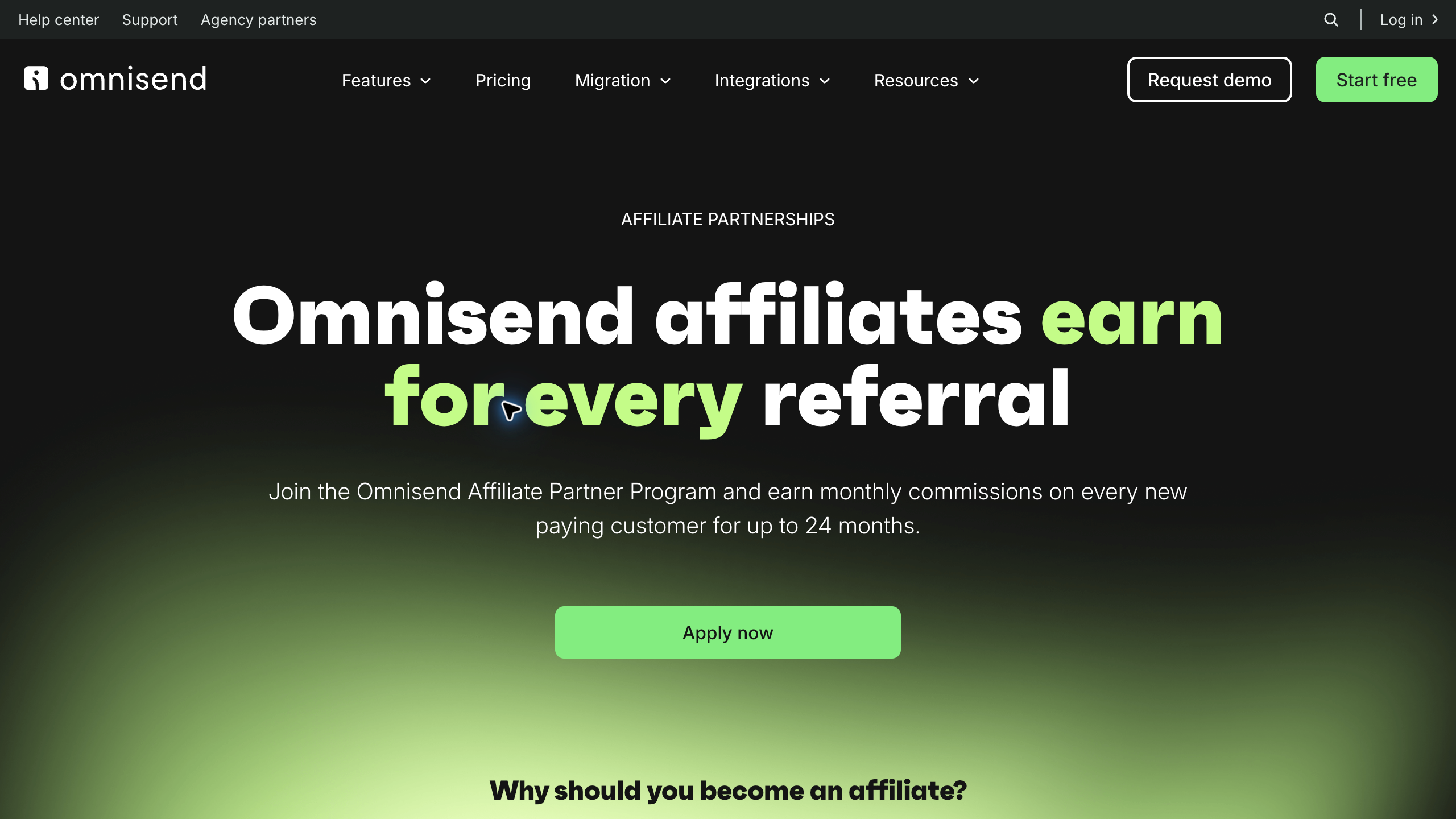 Omnisend affiliate program page stating monthly commissions for up to 24 months