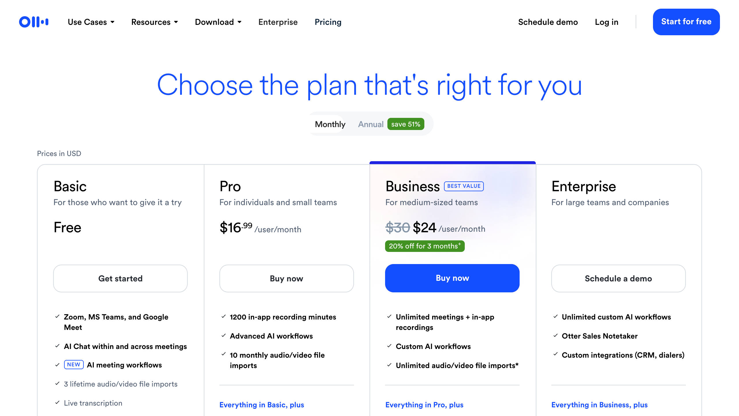 Otter.ai monthly pricing comparison showing Basic, Pro, Business and Enterprise plans
