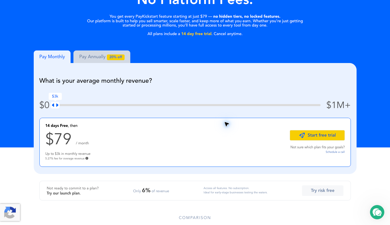 PayKickstart monthly pricing with a $79 subscription at the displayed $3000 revenue band and a 5.27 percent overage fee