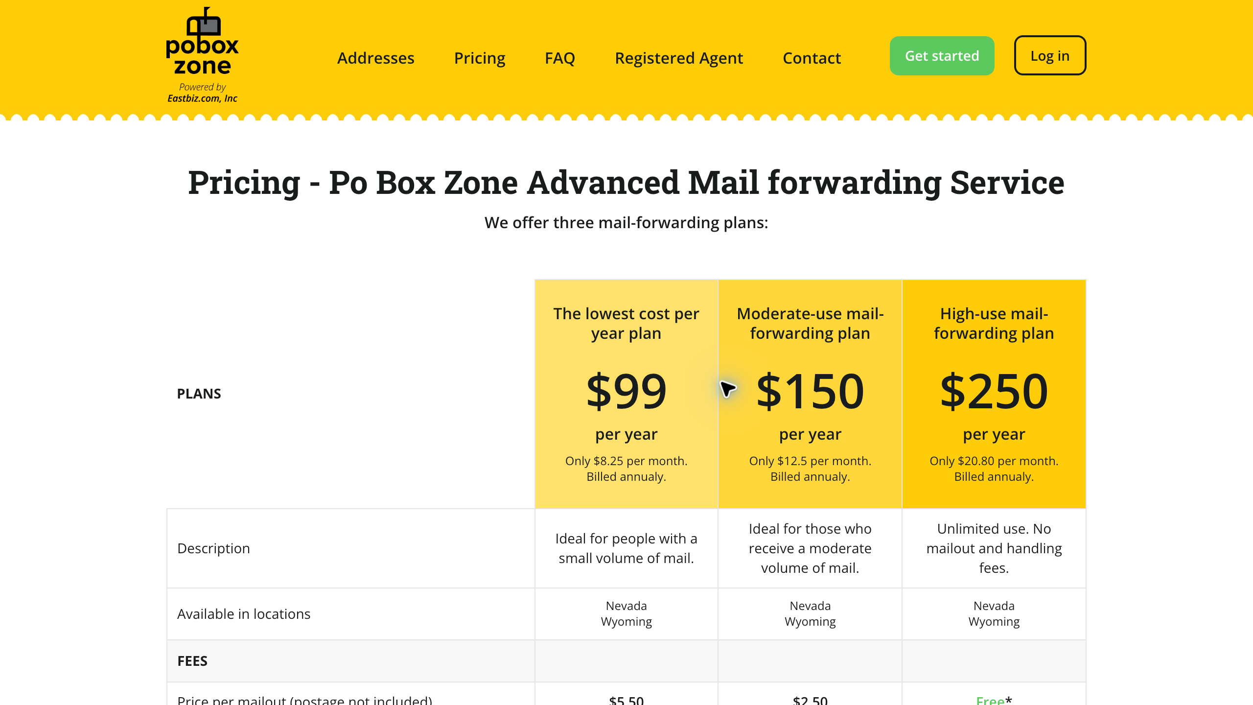 PO Box Zone official pricing page showing three annually billed mail forwarding plans