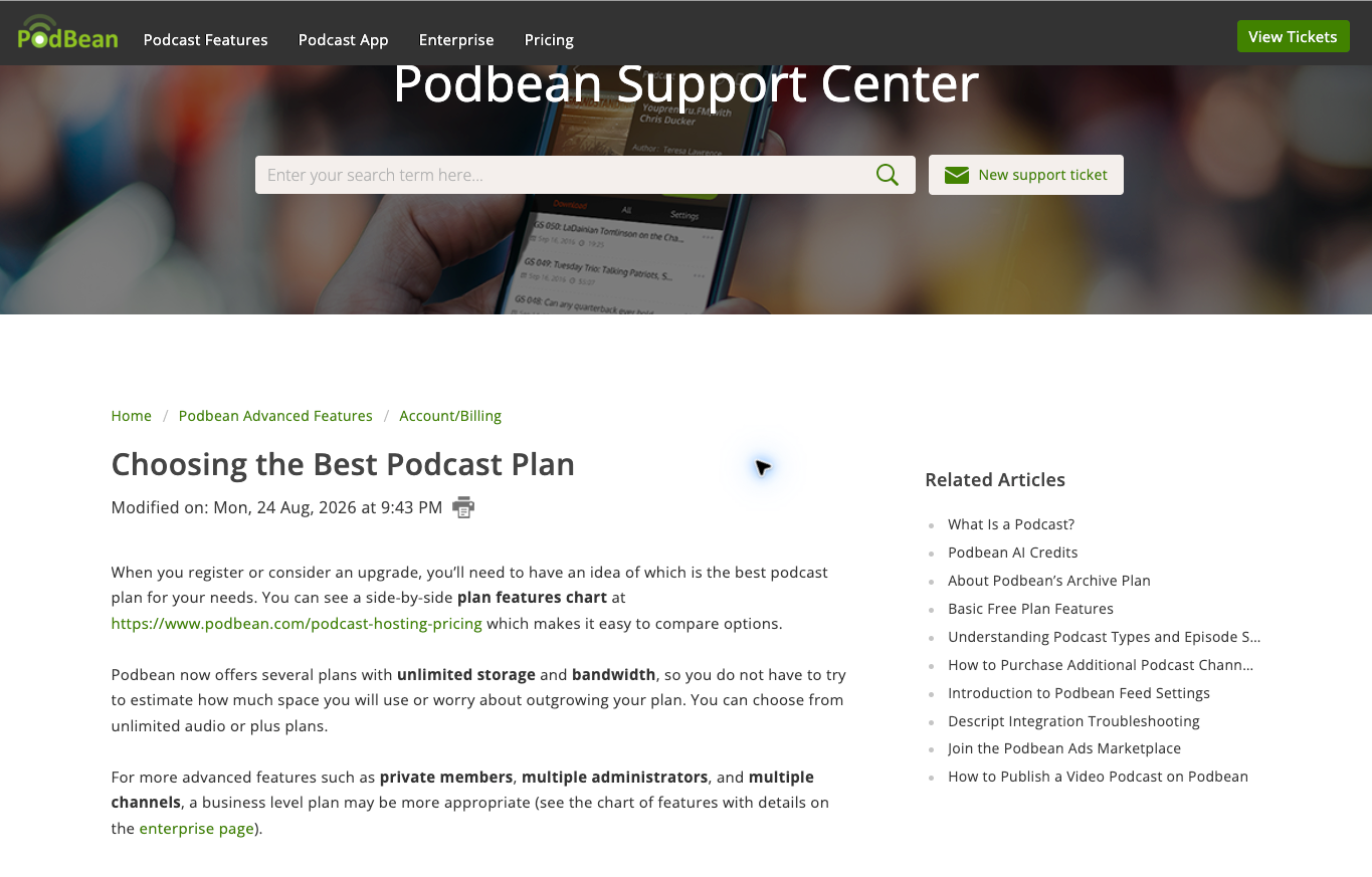 Podbean Support Center guidance on selecting a podcast hosting plan