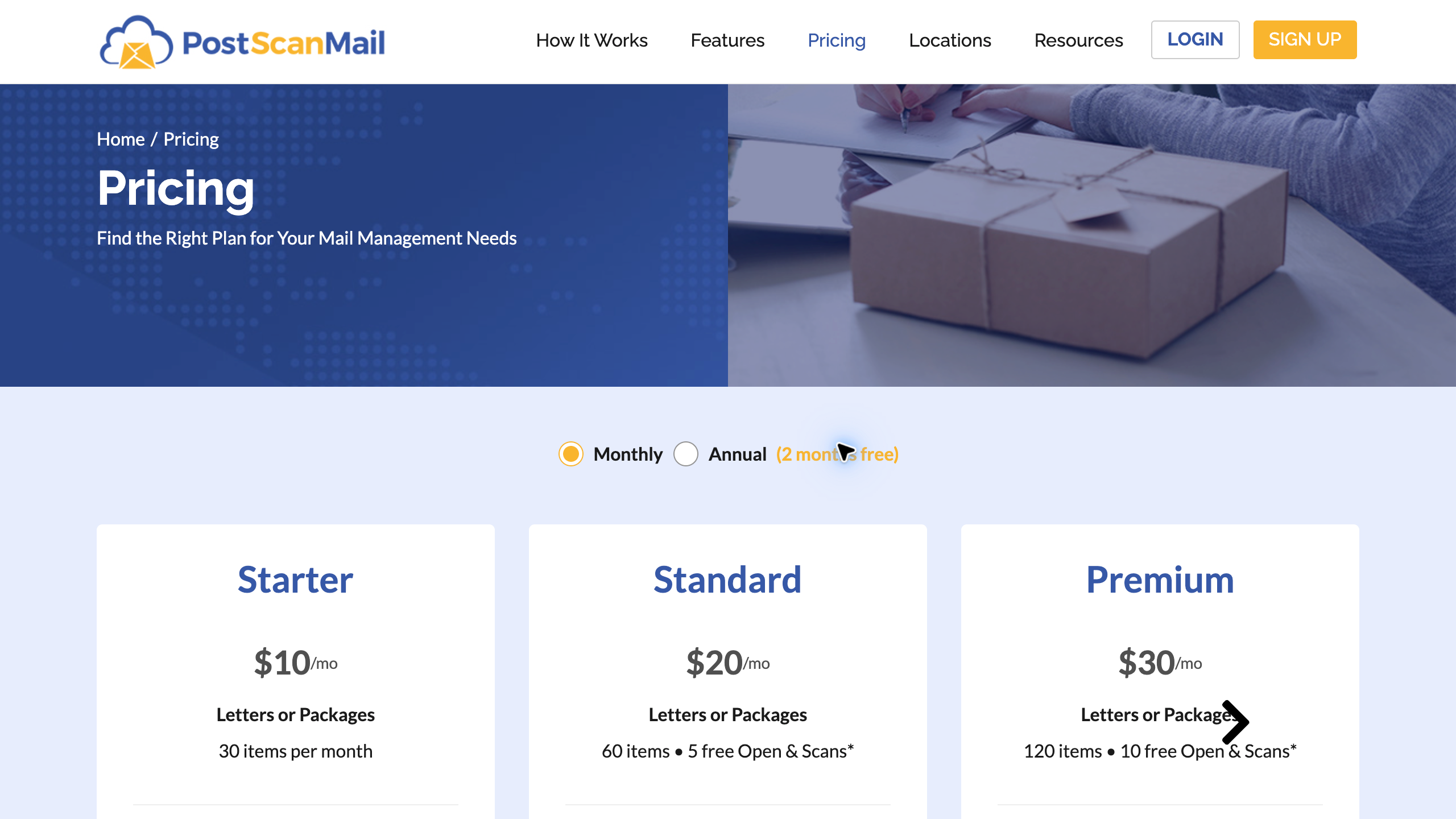 PostScan Mail monthly pricing page showing Starter, Standard, and Premium plans