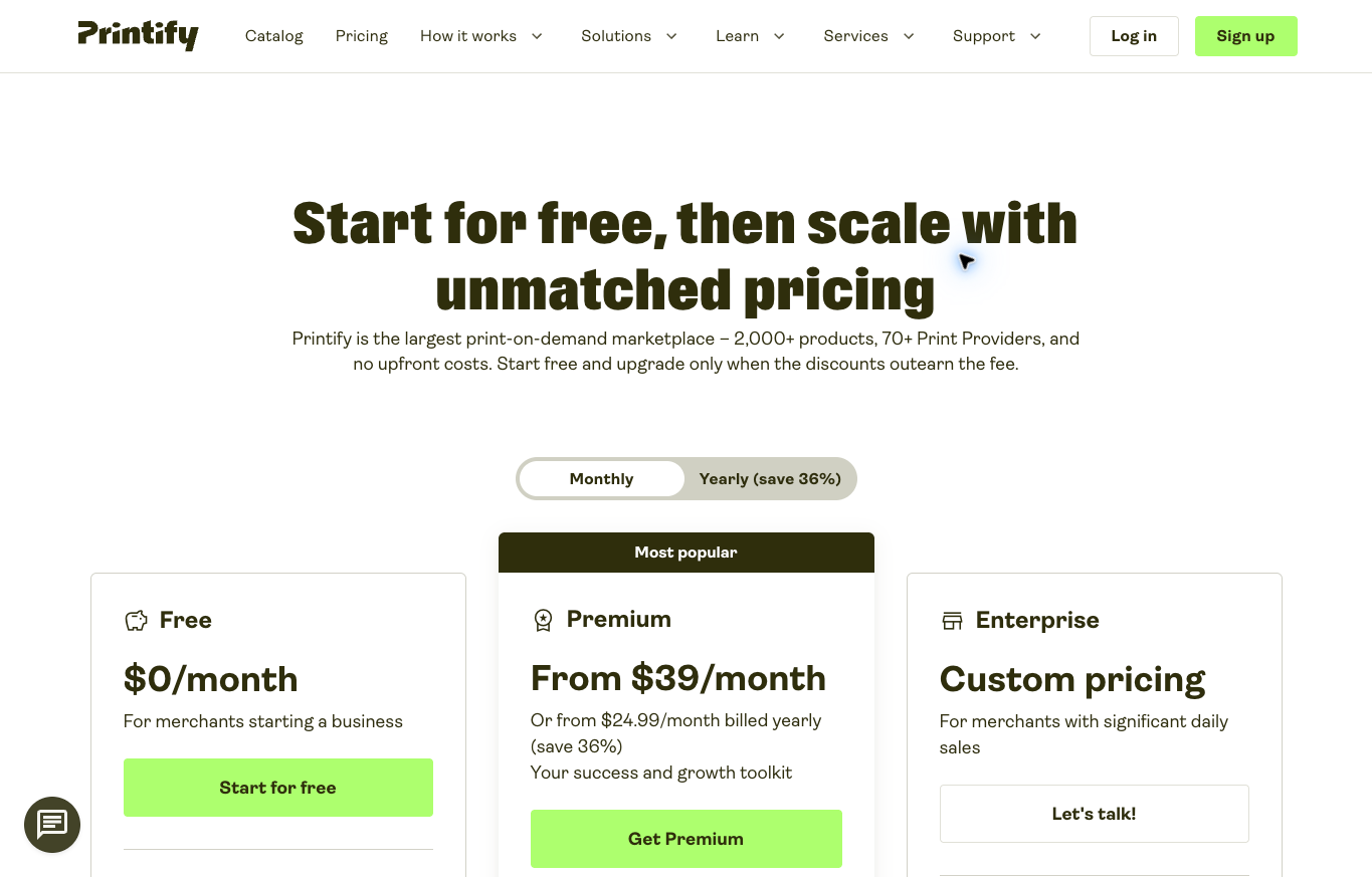 Printify Free plan and Premium subscription starting prices with monthly billing selected