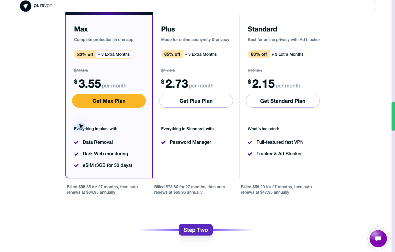 PureVPN Max, Plus and Standard public offer showing the 27-month upfront totals and annual renewal costs.