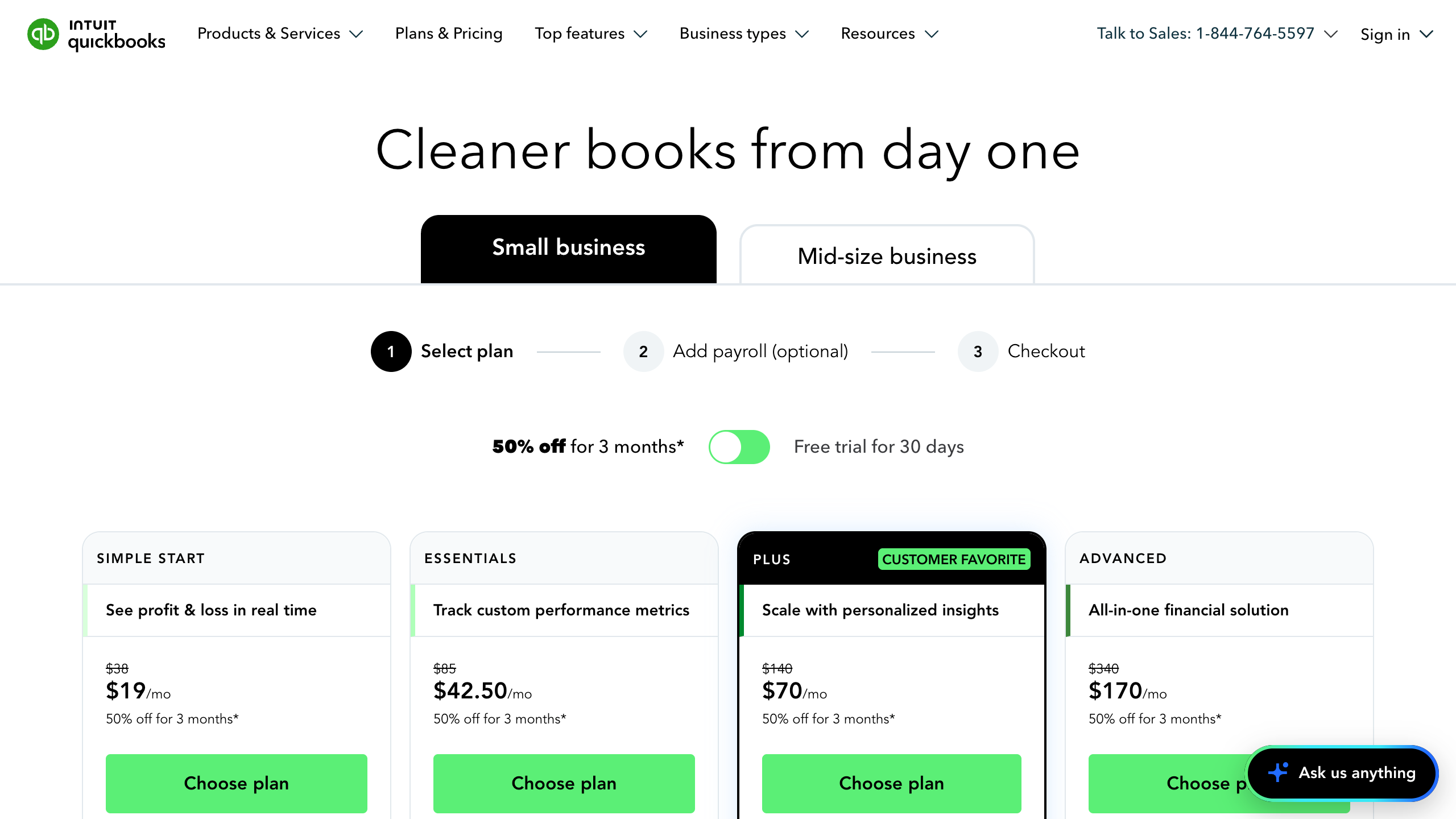 QuickBooks Online US pricing page comparing Simple Start, Essentials, Plus and Advanced with introductory discounts