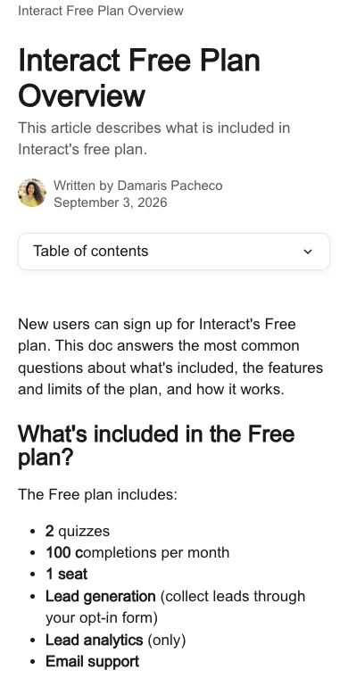 Interact Free plan help listing quizzes, completions and lead capture