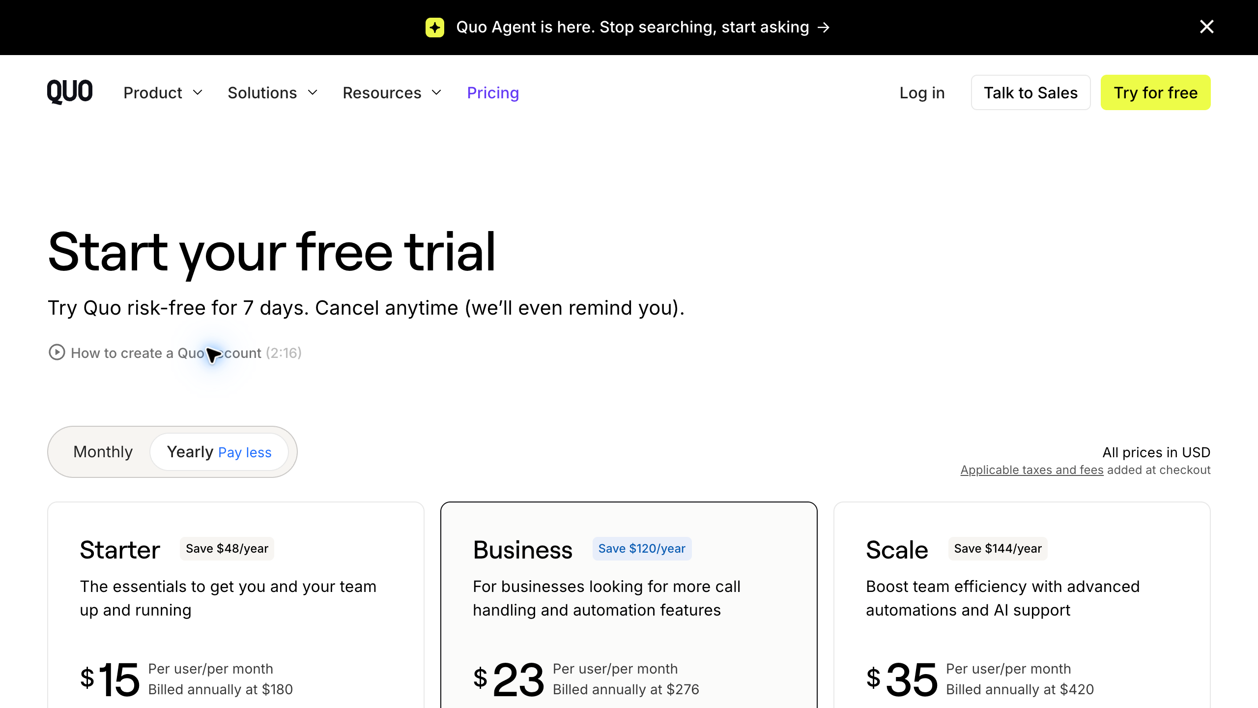 Quo pricing page showing annual Starter Business and Scale seat prices