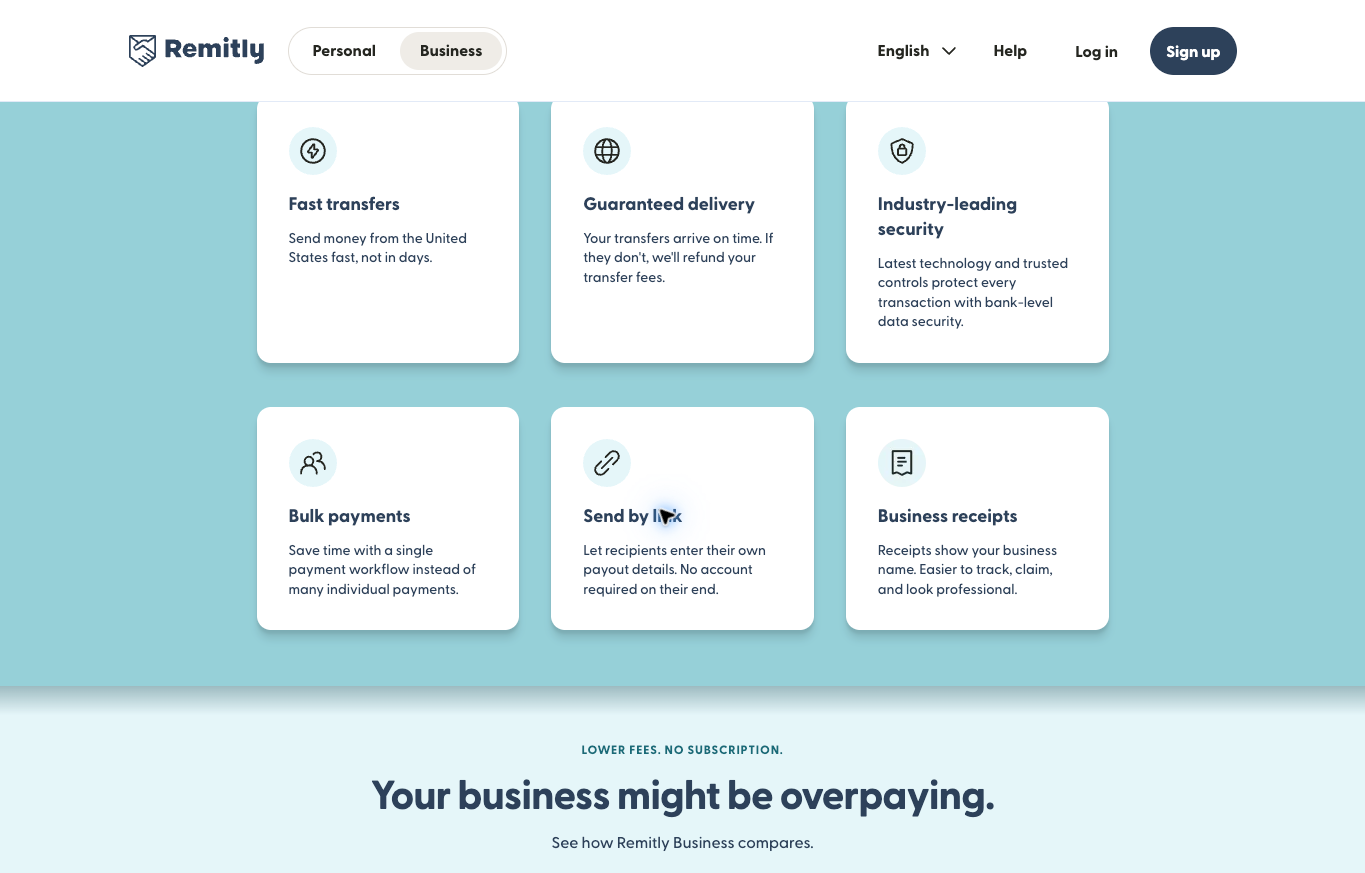 Remitly Business official US feature cards for bulk payments, recipient links and business receipts