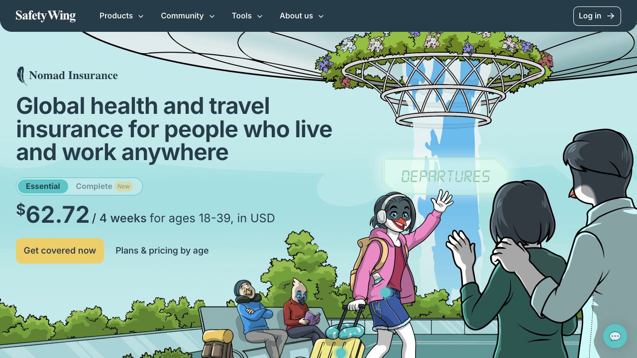 SafetyWing Nomad Insurance page with Essential selected and an age-specific USD price example
