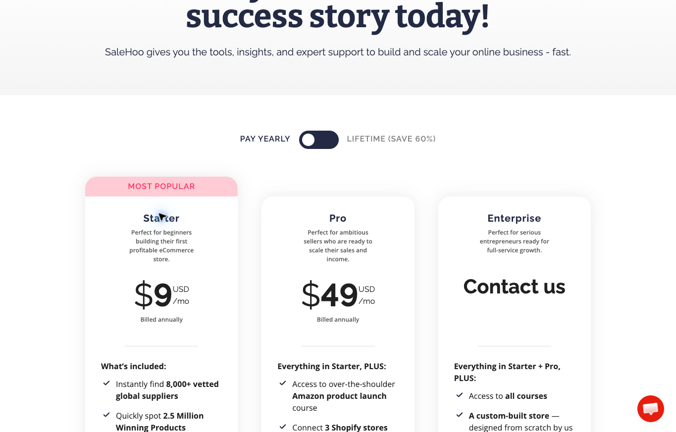 SaleHoo public pricing showing $9 and $49 monthly equivalents billed annually