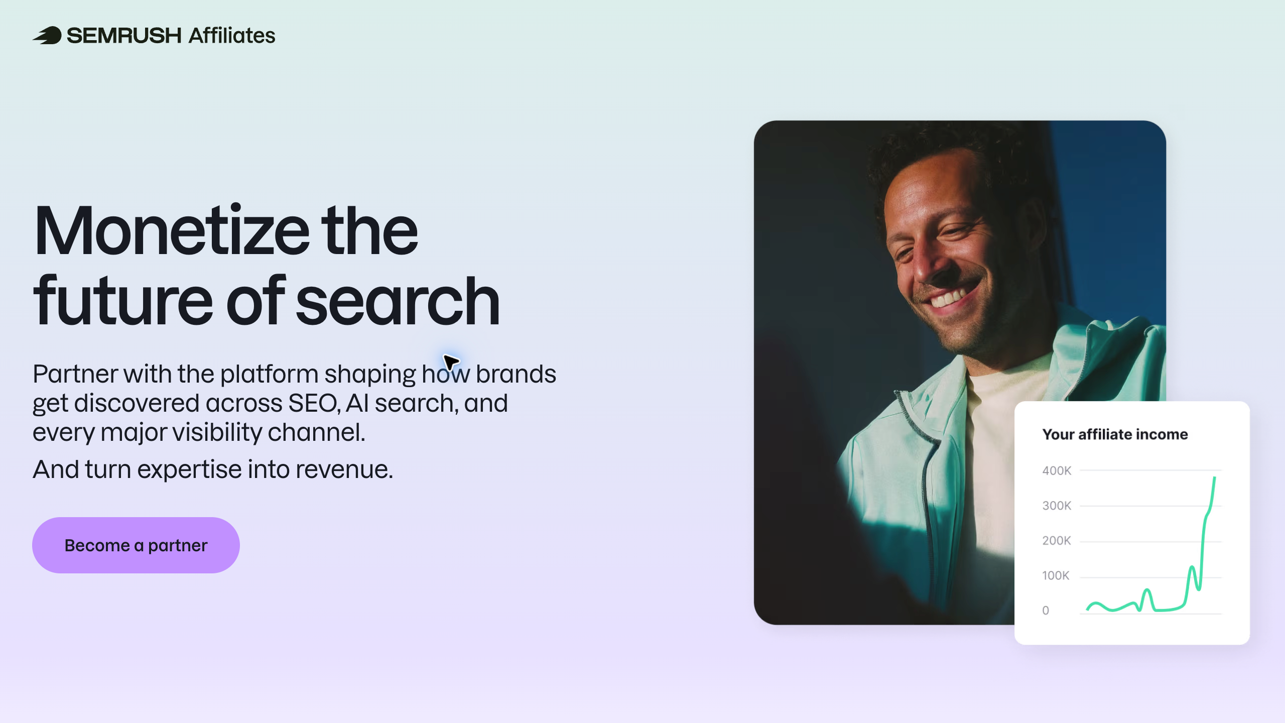 Semrush affiliates landing page for search and marketing content creators