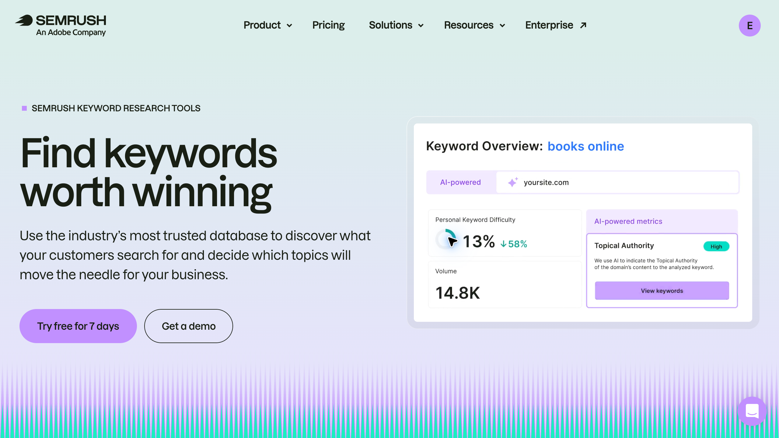 Semrush official keyword research page with its illustrative Keyword Overview display