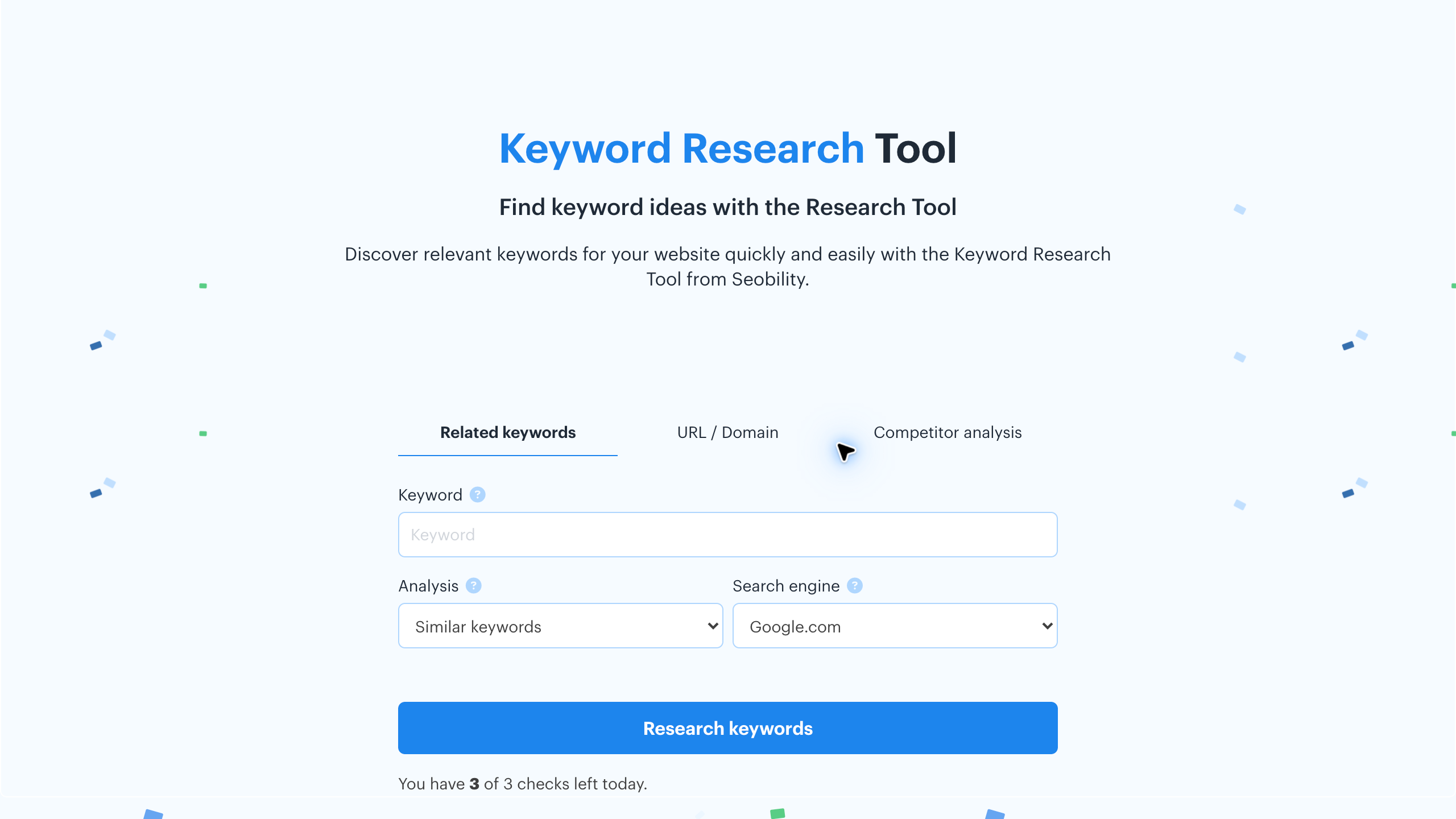 Seobility keyword research tool showing related keywords, domain research and competitor analysis tabs