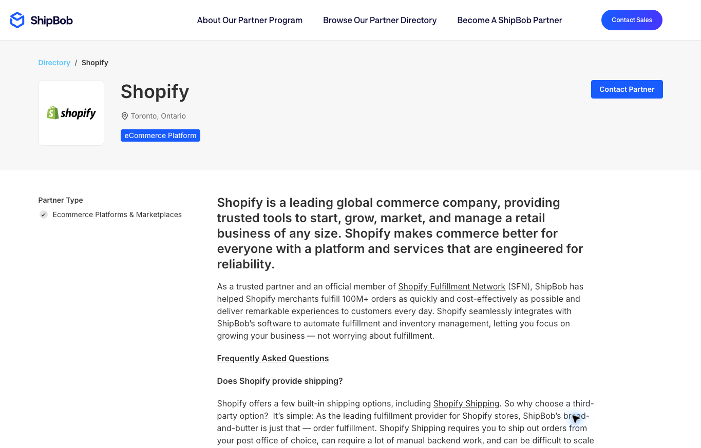 ShipBob partner directory page describing its Shopify integration