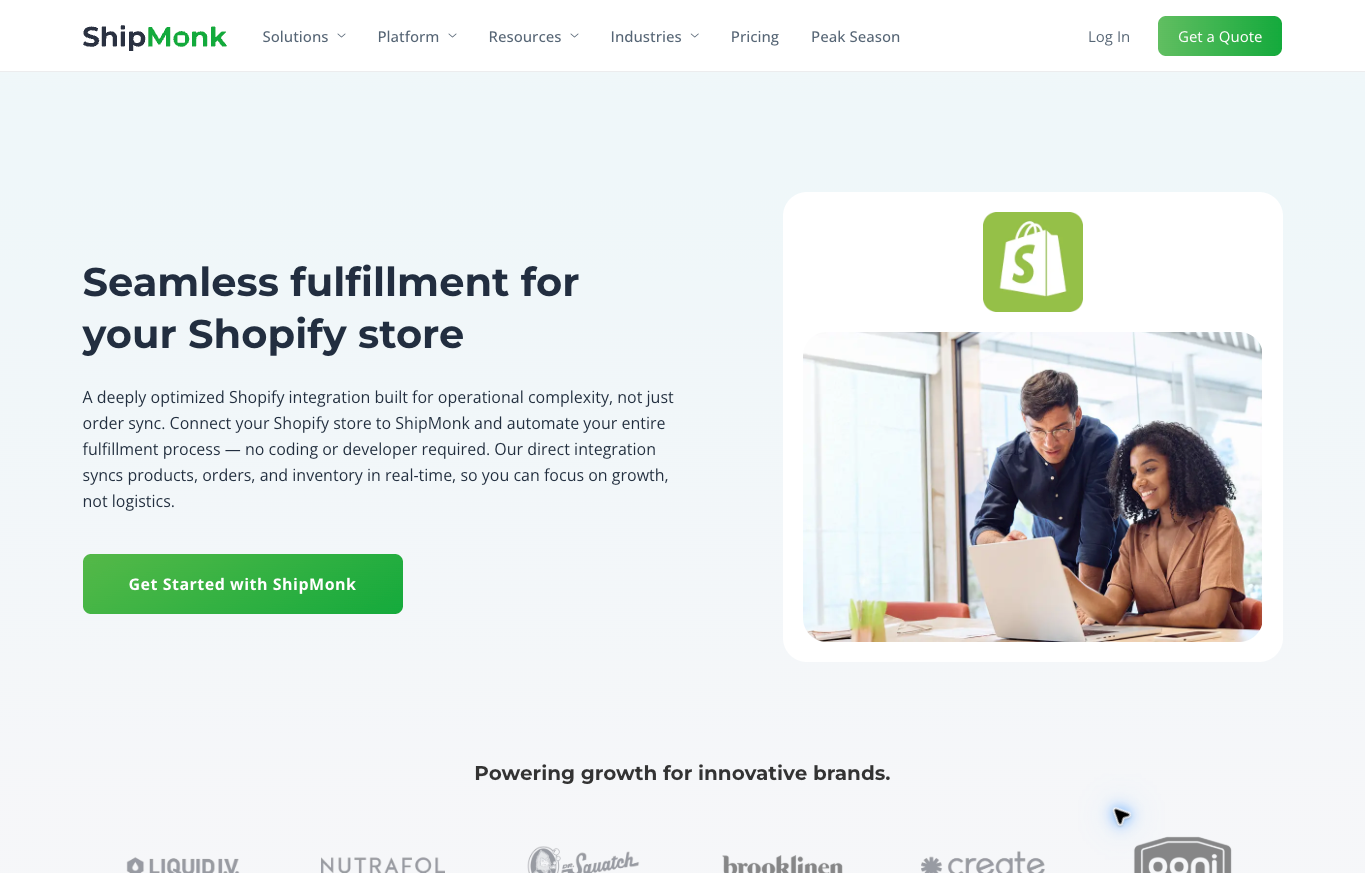 ShipMonk public Shopify fulfillment page describing product, order and inventory sync
