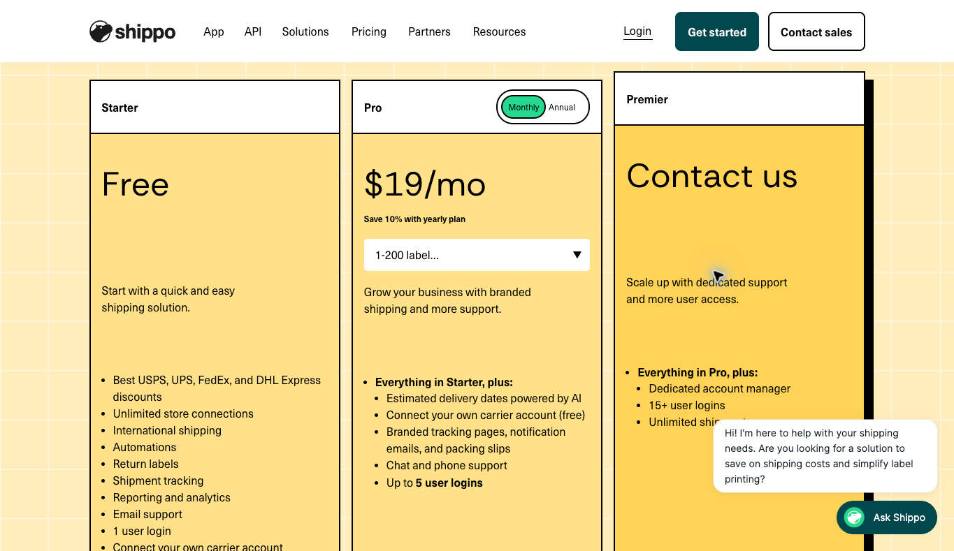 Shippo public shipping plans with Monthly selected and Pro priced at $19 for the displayed 1–200-label band