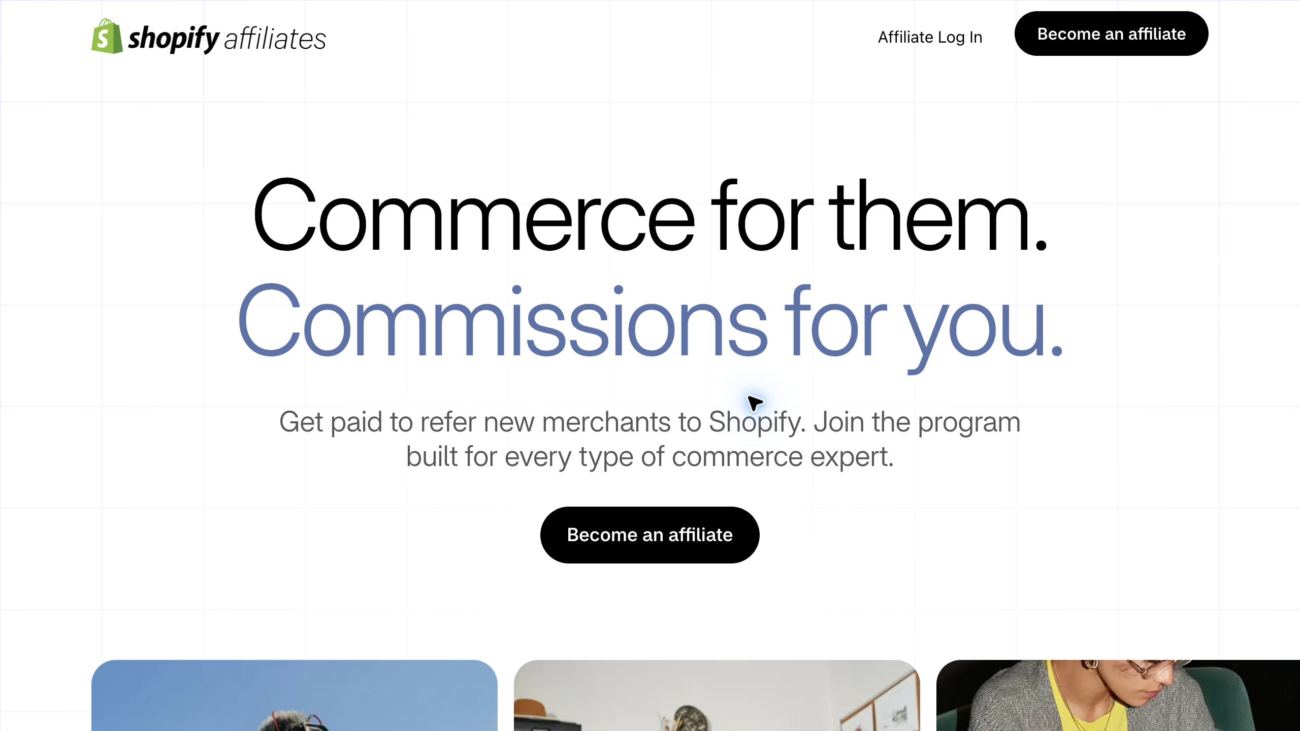 Shopify affiliate program landing page for referring new ecommerce merchants