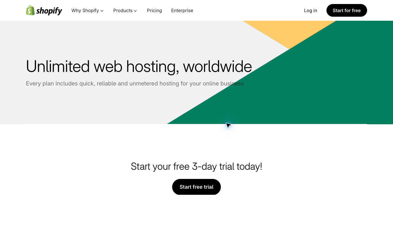 Shopify public page stating that web hosting is included with every plan