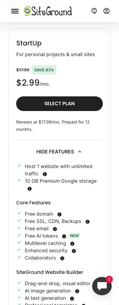 SiteGround StartUp hosting showing introductory price, renewal price, twelve-month prepayment and included features