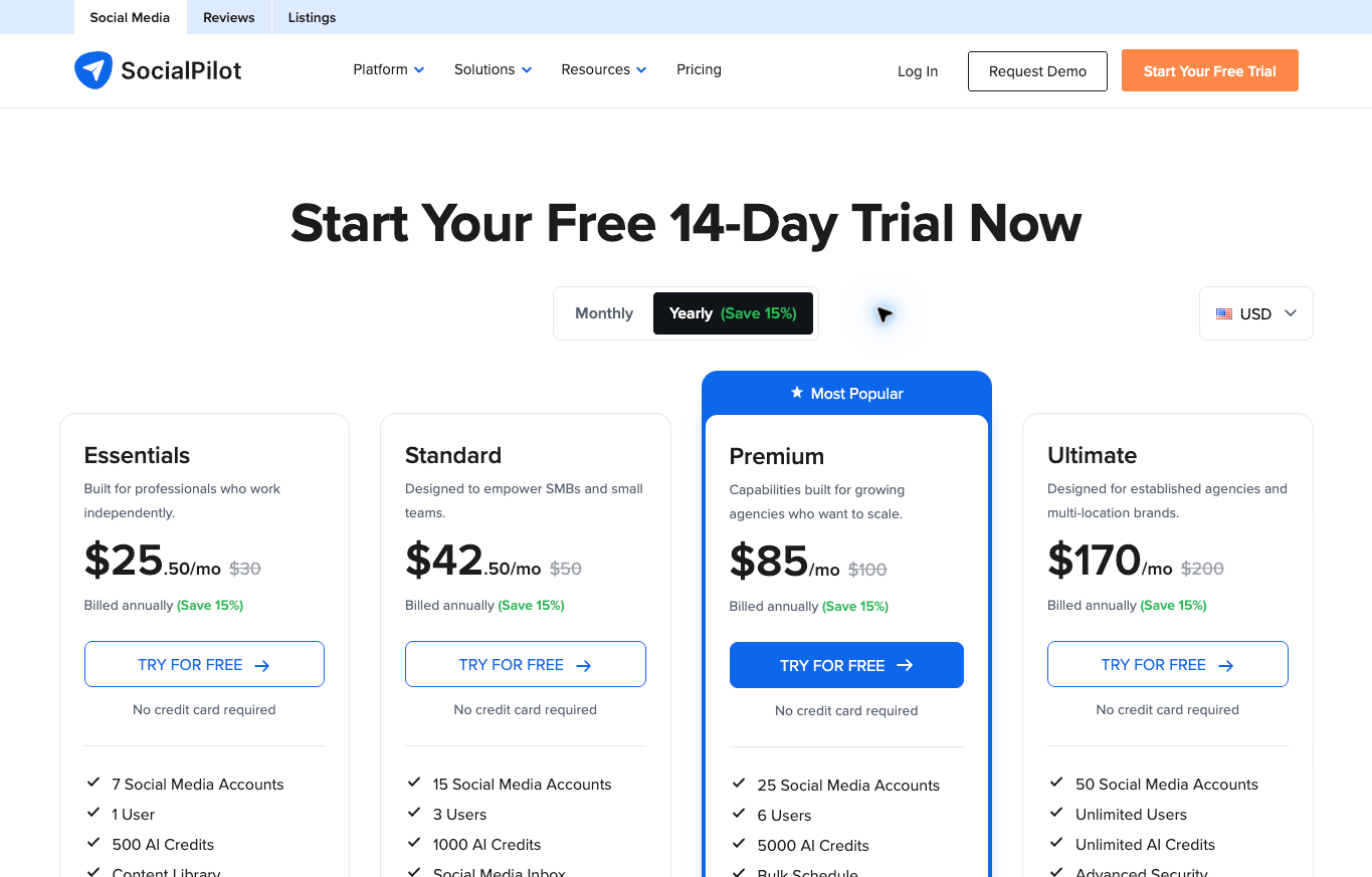SocialPilot USD annual plan prices and social account limits