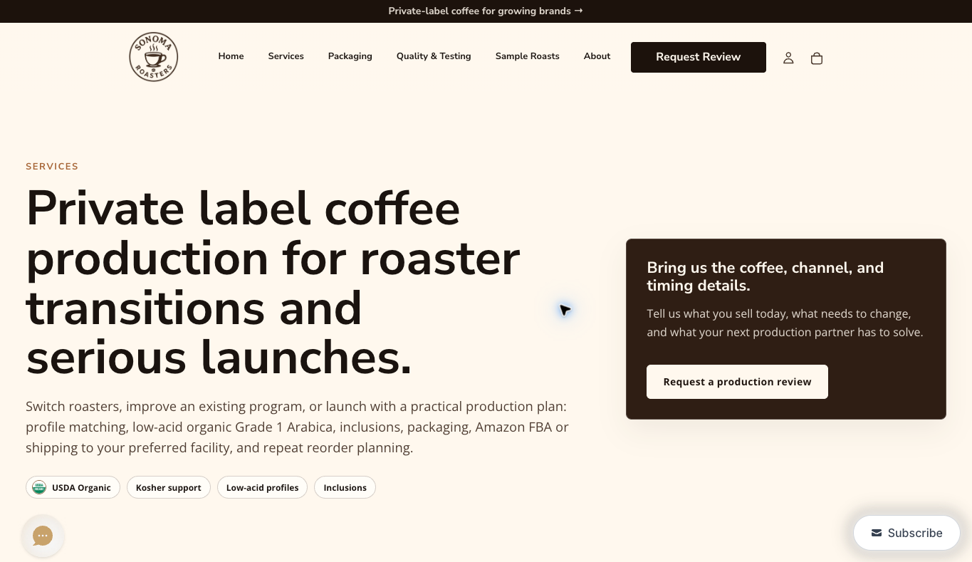 Sonoma Roasters public private-label coffee production services page