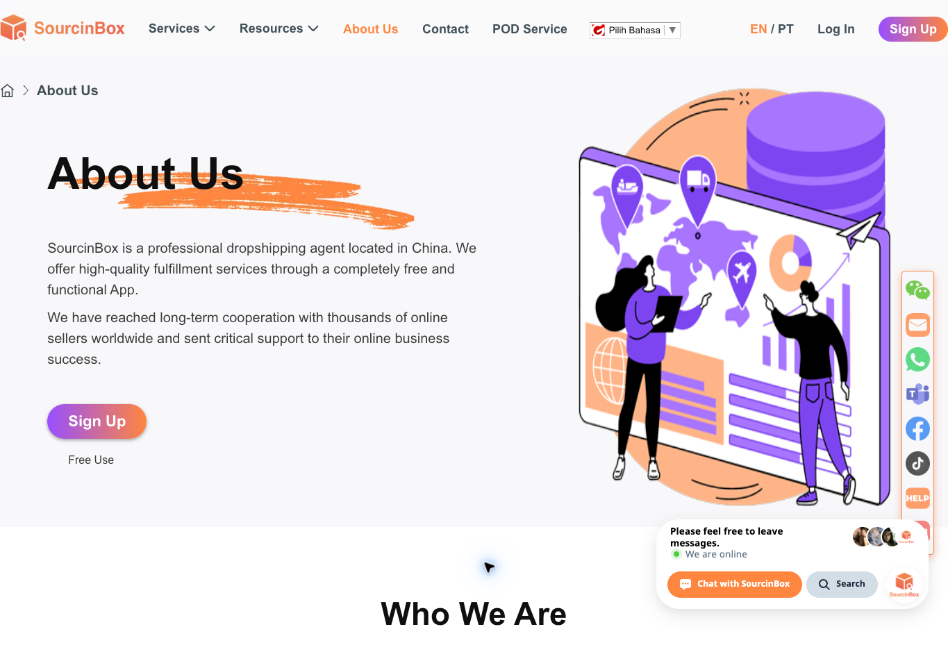 SourcinBox public About Us page describing its China-based dropshipping and fulfillment service